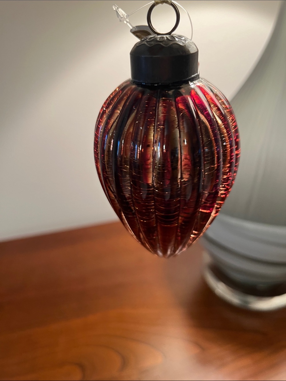 Ribbed Amber Glass Teardrop Holiday Ornament with Metal Cap